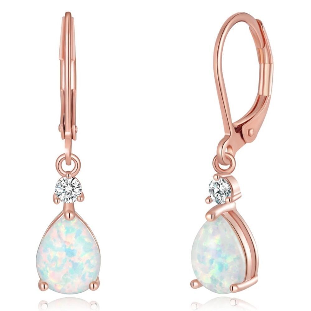 14K Rose Gold with Genuine White Fire Opal and CZ Teardrop Leverback Earrings